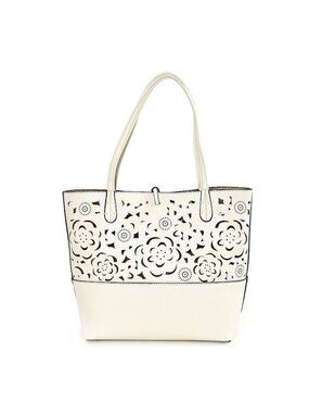 NWT Valerie Stevens White & Gold Reversible Tote Bag Purse Double Handles Tassel